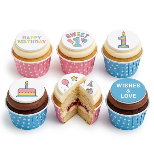 Set of six 1st birthday cupcakes with pastel toppers, including 'Sweet 1' and a number one candle.