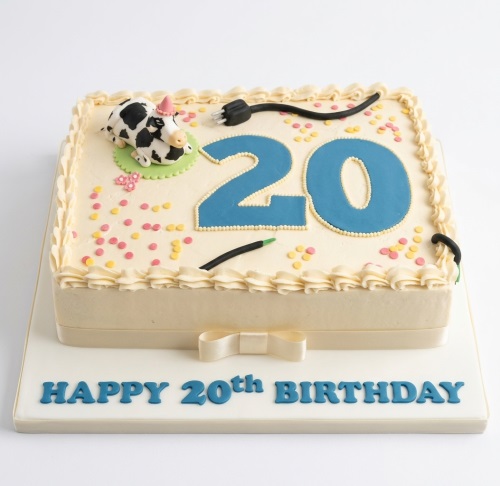 Rectangular birthday cake with a cow figurine, electrical plug, and custom age number '20'.