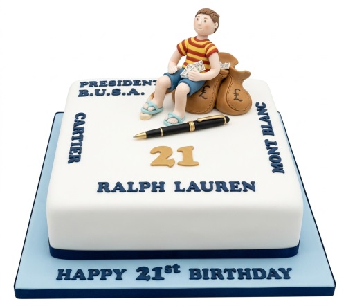 White square cake with a male figure, money bags, pen, and luxury brand names for a 21st birthday.