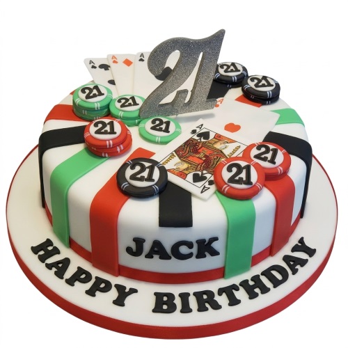 Round casino theme birthday cake with playing cards, poker chips, and custom age topper.