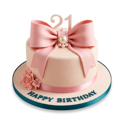 Elegant pink bow birthday cake with pearl details, sugar flowers, and a custom age topper.