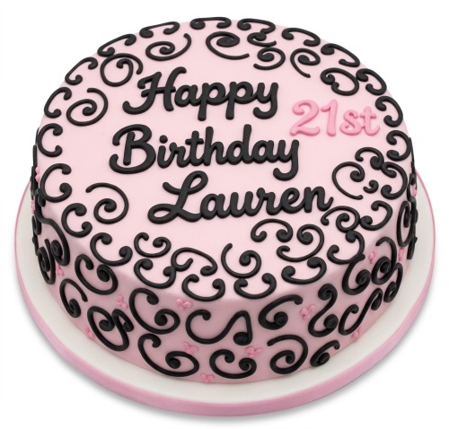 Round pink birthday cake with black decorative swirls and a custom age.
