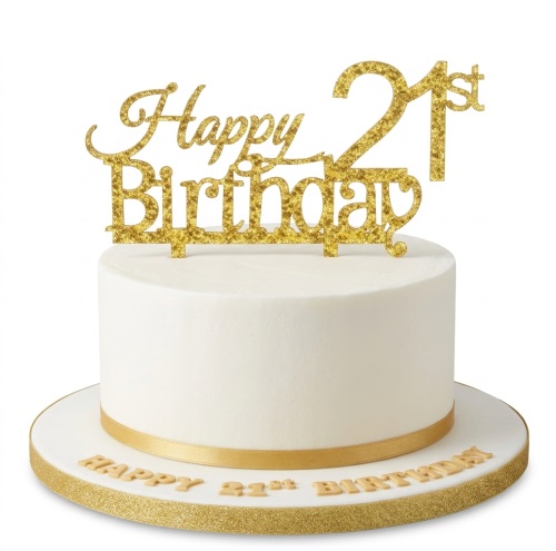 White round birthday cake with gold glitter custom age topper and gold ribbon.
