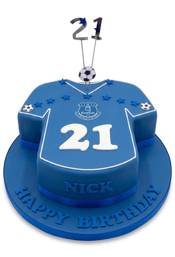 Blue Everton football jersey shaped birthday cake with a custom age topper and football details.