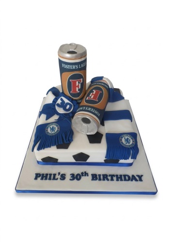 Chelsea FC football themed birthday cake with beer cans and custom age topper