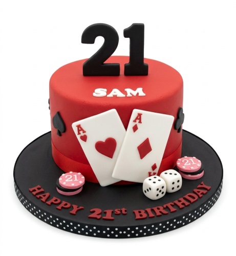 Red casino theme birthday cake with custom age topper, playing cards, dice, and poker chips on a black polka dot board.