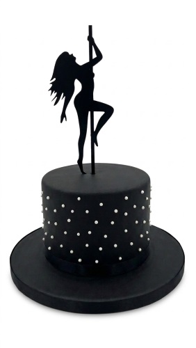 Black round cake with white pearls and a black pole dancer silhouette topper.