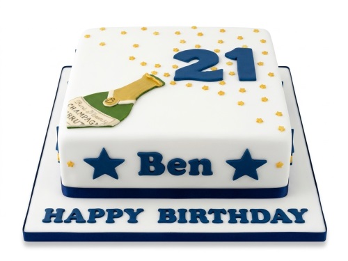 White square birthday cake with edible champagne bottle, gold stars, blue custom age, and personalised name.