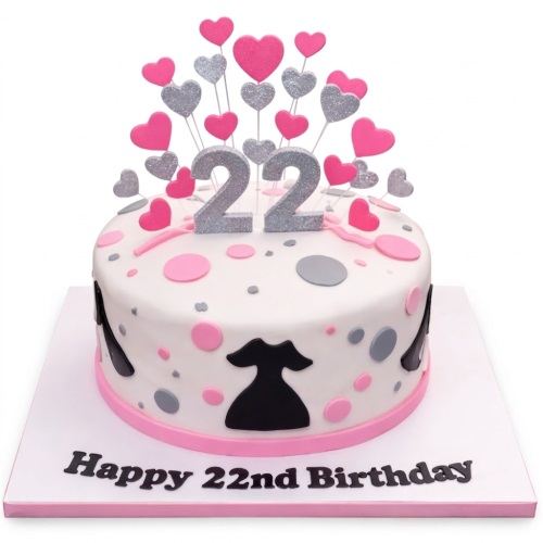 White round birthday cake with black dresses, pink and silver hearts, and a custom age topper.
