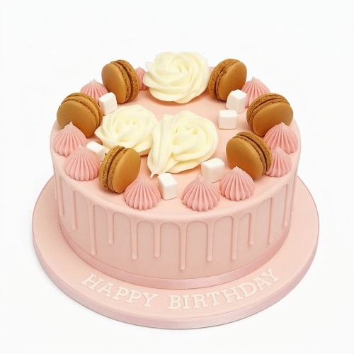 Round pink drip cake with white roses, brown macarons, pink meringues, and "Happy Birthday" text.