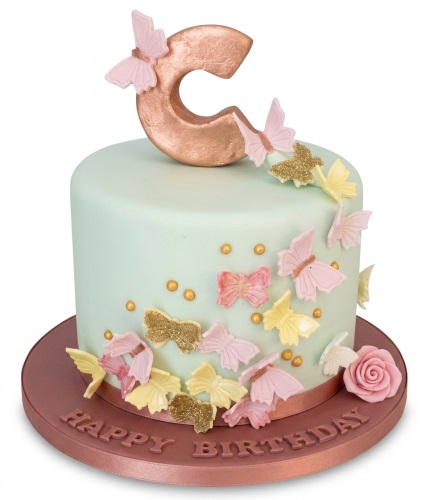 Round mint green birthday cake with pastel and glitter gold butterflies, a pink rose, and a rose gold initial 'C' on top.