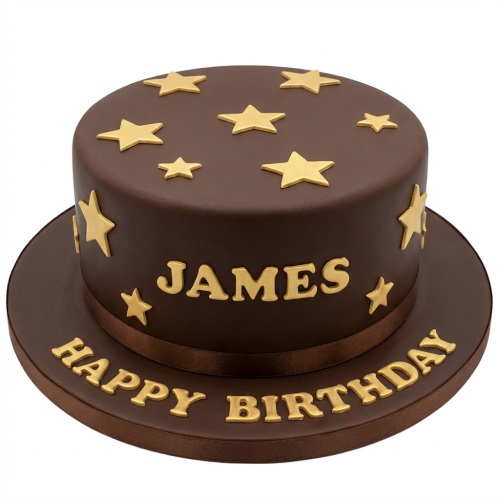 Round dark brown birthday cake with gold stars and personalised name.