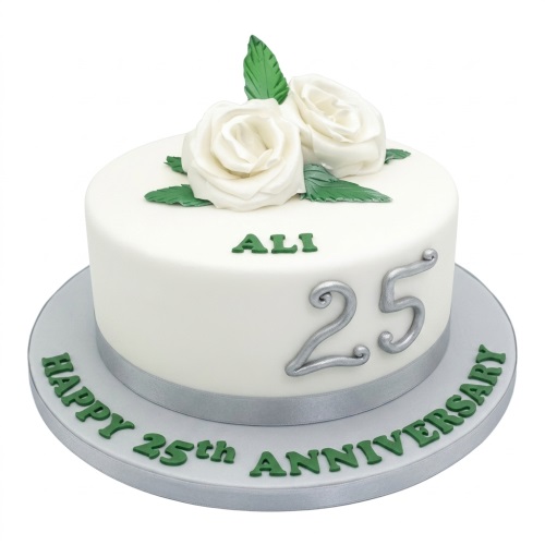 White anniversary cake with silver '25', white sugar roses, green leaves, and silver ribbon.
