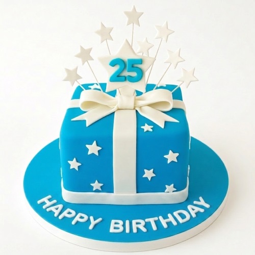 Blue gift box birthday cake with white ribbon, stars, and custom age topper.