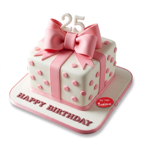 White square cake decorated like a pink gift box with a large bow, pink polka dots, and a custom age topper.