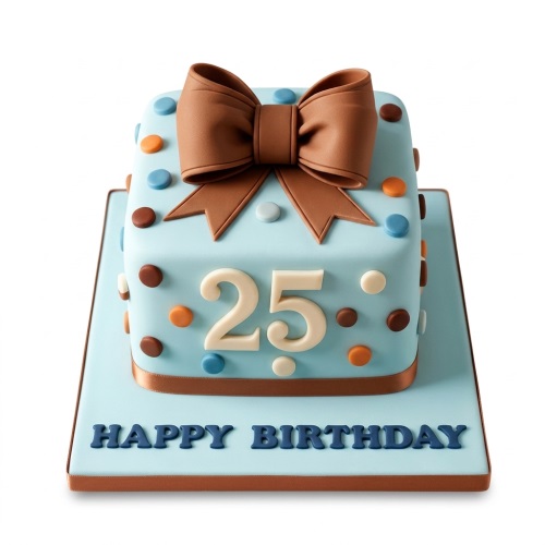 Light blue square birthday cake with brown bow, polka dots, and custom age topper.
