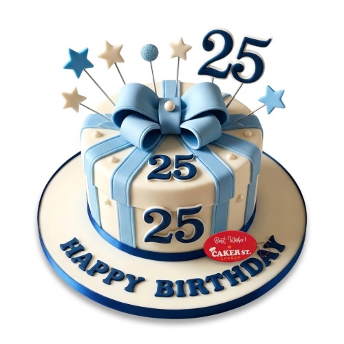Square gift box birthday cake with blue bow, ribbons, stars, and custom age topper.