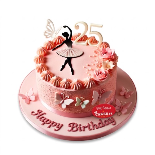 Pink ballerina birthday cake with custom age topper, butterflies, and floral decorations.