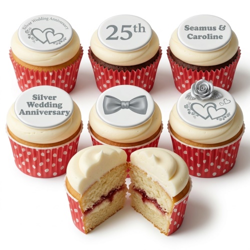 Cupcakes for 25th wedding anniversary with silver hearts, bow tie, rose, and personalised toppers.
