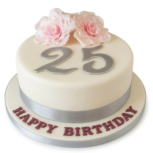 Round cream birthday cake with pink sugar roses, silver custom age topper, and 'Happy Birthday' message.