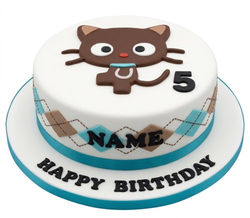 Round white fondant cake with a brown cartoon cat, argyle pattern, and custom age topper.