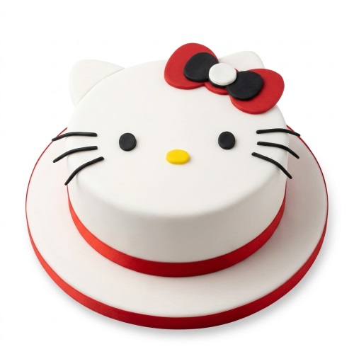 Round white Hello Kitty birthday cake with red and black bow, black eyes, yellow nose, and whiskers.