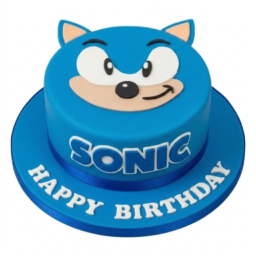 Round blue Sonic The Hedgehog birthday cake with Sonic's face on top and "Happy Birthday" on the board.