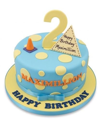 Round blue and yellow polka dot cake with a custom age topper and message plaque.