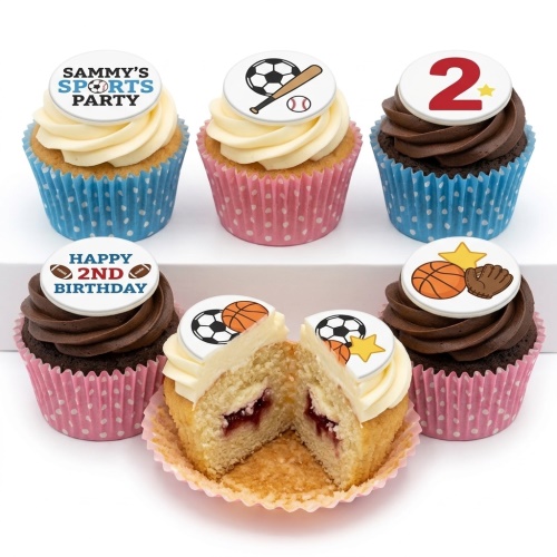 Cupcakes with sports themed toppers including football, basketball, baseball, and a custom age topper.