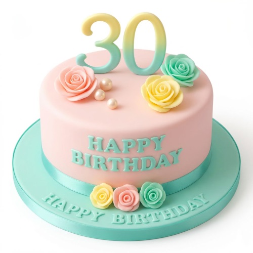 Elegant pink round birthday cake with pastel sugar roses, edible pearls, and a custom age topper.