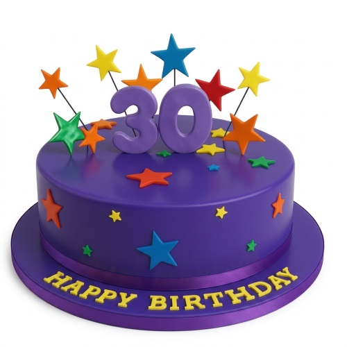 Purple round birthday cake with colourful star decorations and a custom age topper.