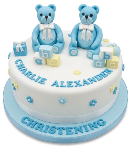 White Christening cake with blue teddy bears, baby blocks, and custom names