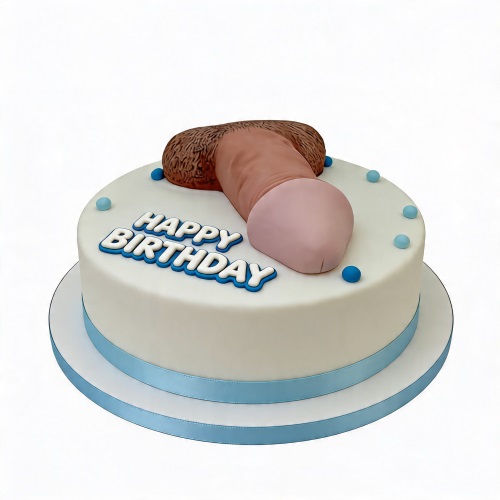 White round birthday cake with a 3D penis topper and 'Happy Birthday' message, decorated with blue spheres and a light blue ribbon.