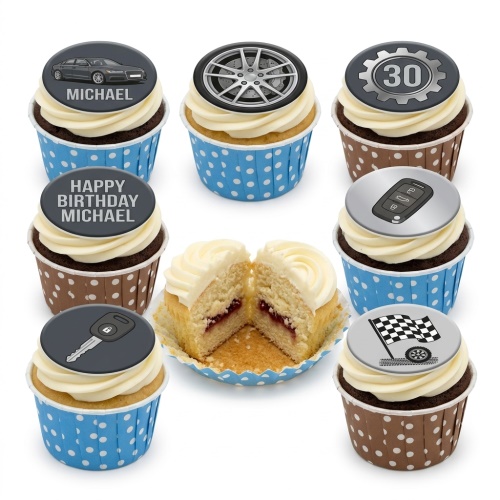Car themed cupcakes with car, wheel, key, and checkered flag toppers on white and brown cases.