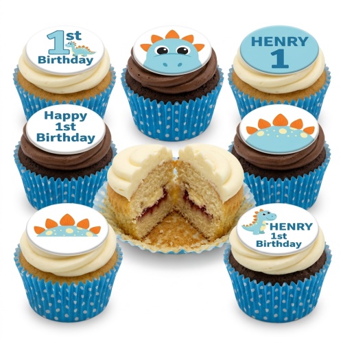 Dinosaur 1st birthday cupcakes with blue and orange toppers, featuring cute dinosaurs and custom age/name.