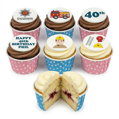 A selection of firefighter themed birthday cupcakes with fire engine, firefighter, and custom age toppers.