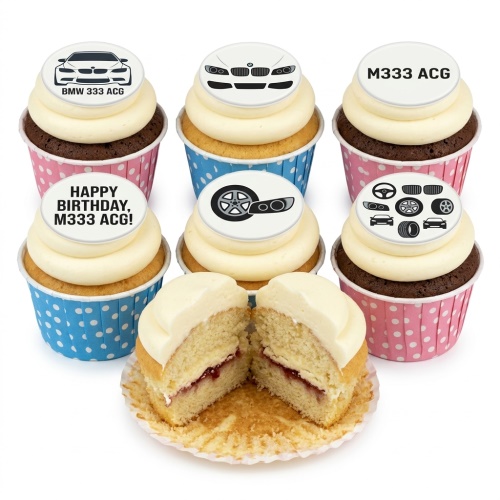 BMW themed birthday cupcakes with car designs and custom message space on white frosting.