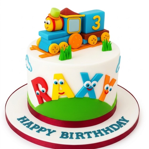 White round cake with a blue cartoon train, green grass, and customisable name and age.