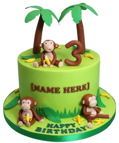 Green jungle theme birthday cake with fondant monkeys, palm trees, bananas, and a custom age topper.