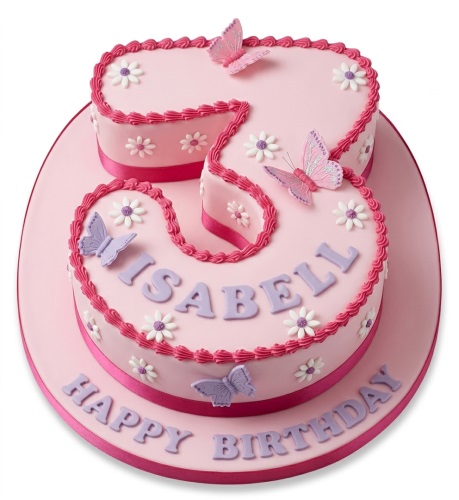 Pink number shaped birthday cake with butterflies, daisies, and pink ribbon.