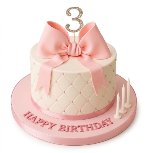 Round pink and cream birthday cake with a large pink bow, quilted pattern, and a glittery number topper.
