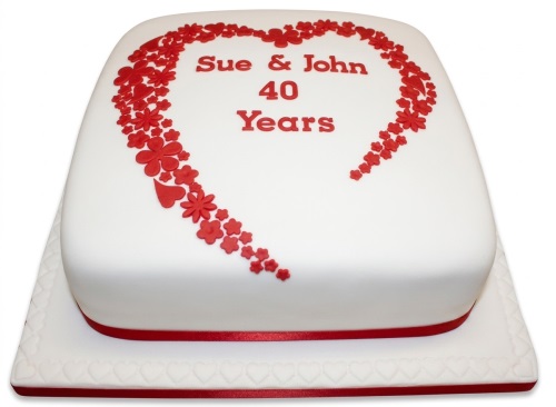 White square anniversary cake with a red floral heart design and customisable text.