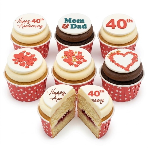 Set of 40th Anniversary cupcakes with red and white toppers, hearts, flowers, and 'Mom & Dad' message.