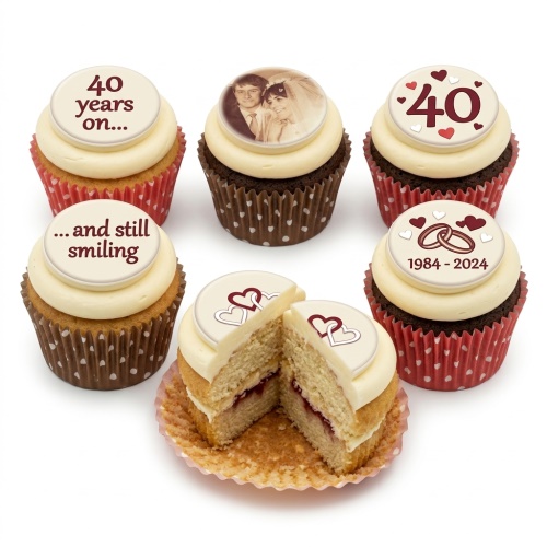 40th anniversary cupcakes with photo, "40 years on", "40", and wedding ring toppers.
