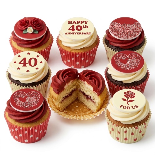 Cupcakes with red and white frosting, 40th anniversary toppers, roses, hearts, and 'For Us' messages.
