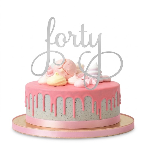 Round pink drip cake with speckled base, topped with pink, white, and yellow meringues, and a silver 'forty' topper.