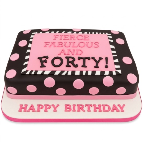 Rectangular black and pink polka dot 40th birthday cake with "Fierce Fabulous and Forty!" message.