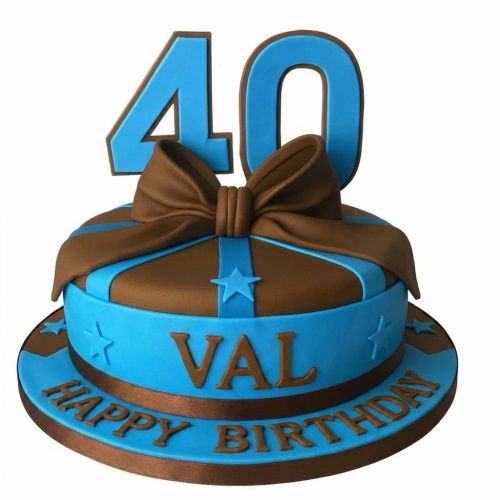 Round blue and brown gift box style birthday cake with a large bow and custom age topper.