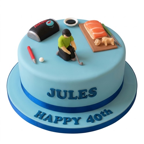 Light blue golf theme birthday cake with golfer, sushi, Pepsi can, and custom message.