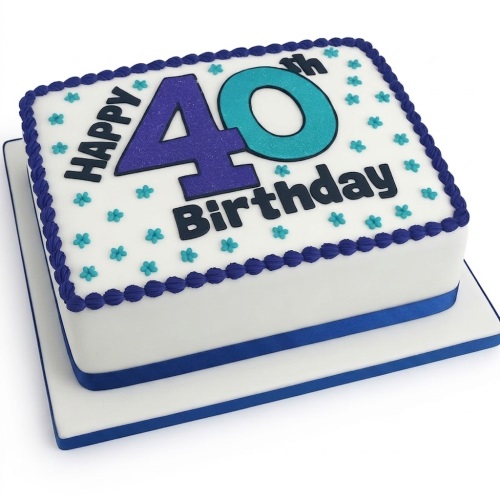 Rectangular white birthday cake with blue piped border, blue ribbon, custom age numbers in purple and teal glitter, and 'Happy Birthday' text.